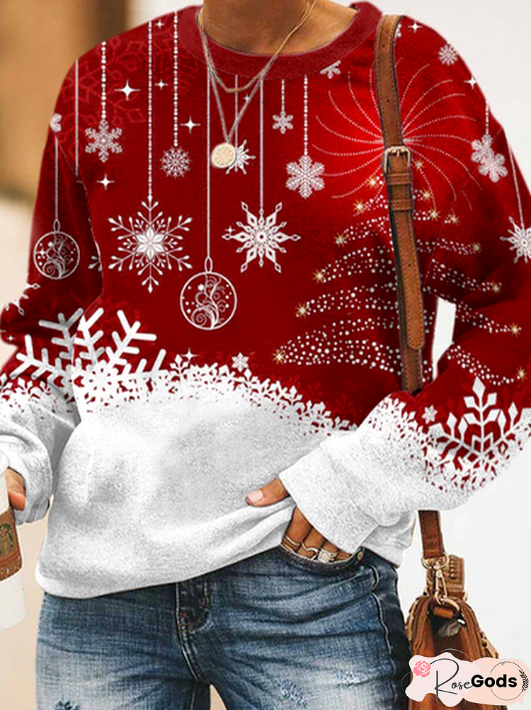 Christmas Snowflake Casual Cotton Blends Crew Neck Sweatshirts