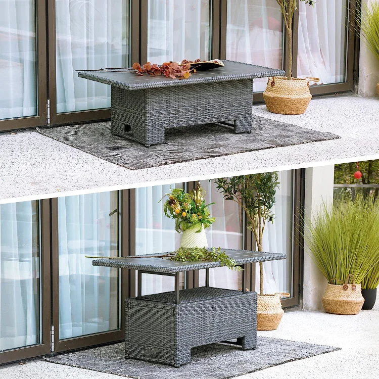 Outdoor & Indoor Coffee Dining Table | All-Weather Resin Wicker, Adjustable Steel Slat Lift Top, Storage Shelf