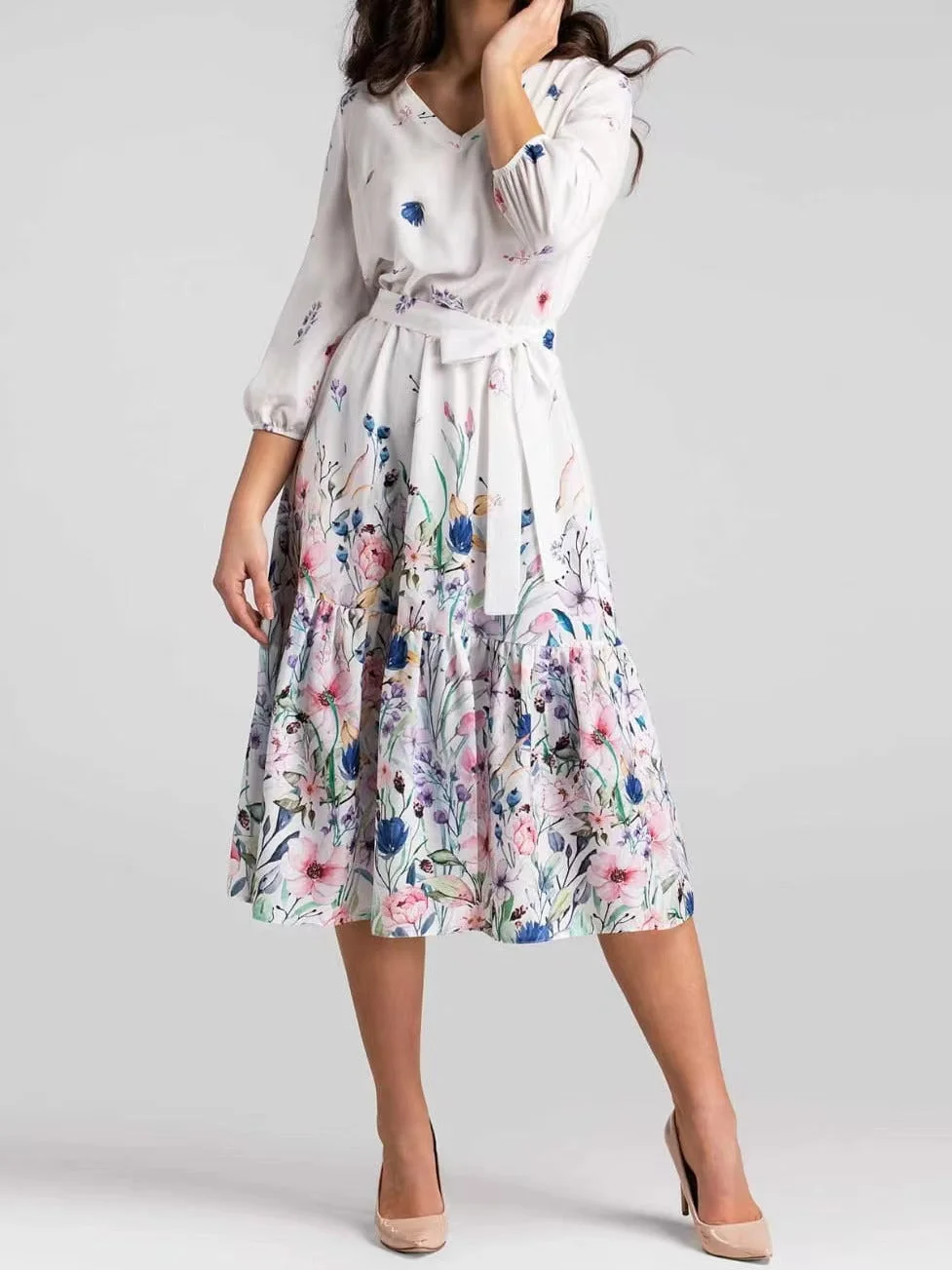 Elegant Long Sleeve Printed Midi Dress