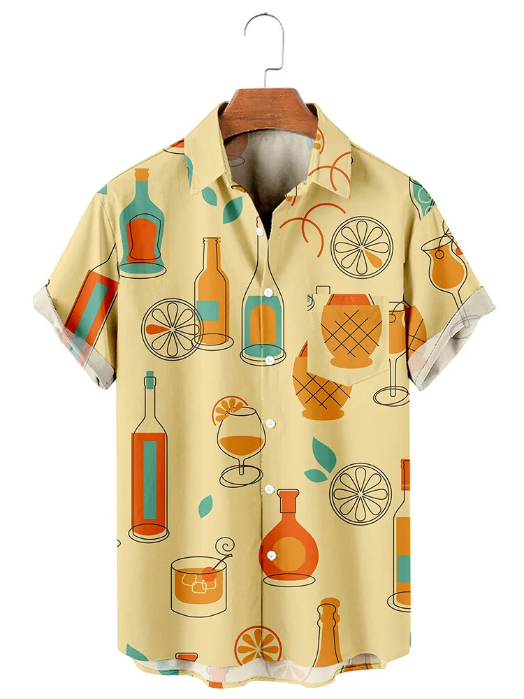 Wine Glass Print Daily Casual Men's Short Sleeve Shirt