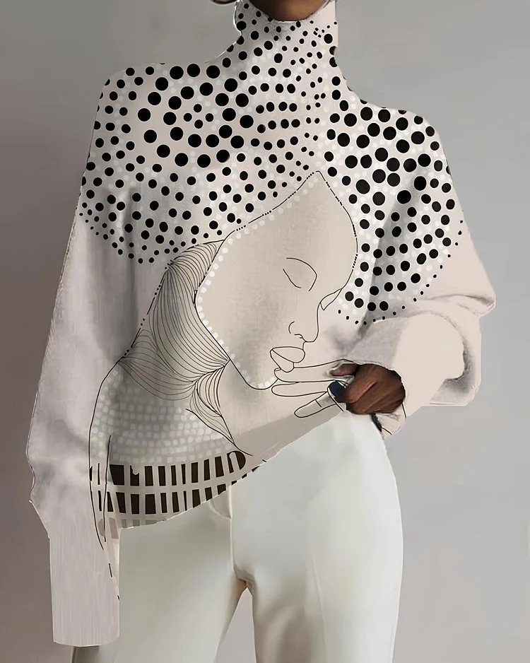 Women's Abstract Line Face Art Print Cut Out High Neck Knit Sweatshirt