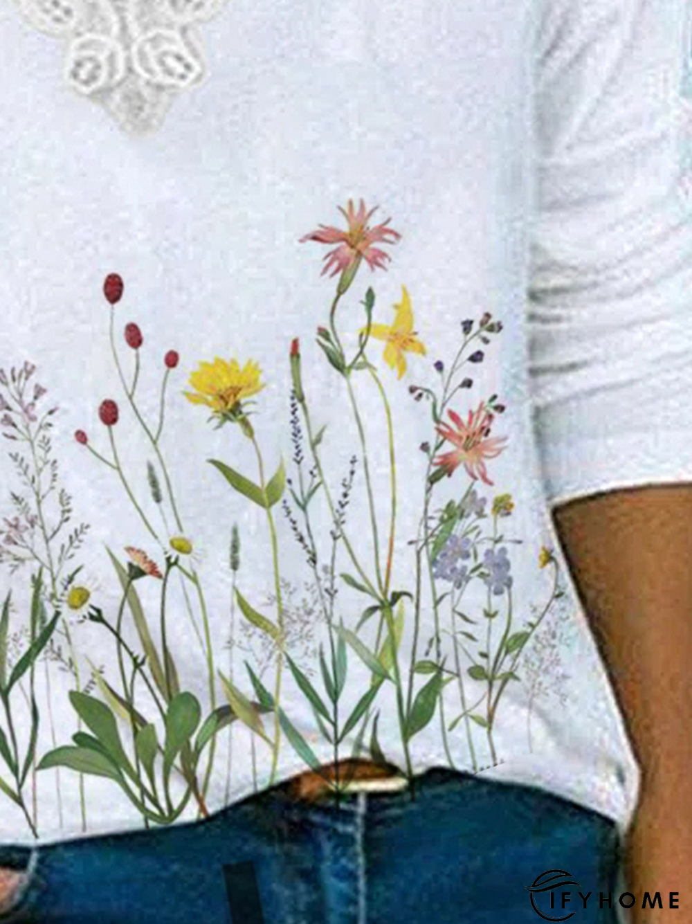 Plants Cotton Blends Crew Neck Long Sleeve Tunic T-Shirt | IFYHOME