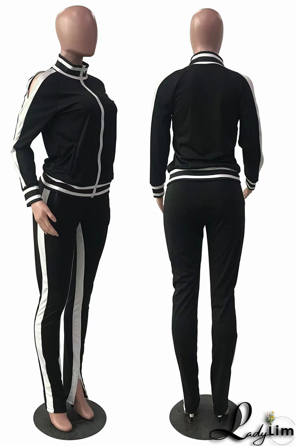 Black Yellow Casual Print Slit Zipper Collar Long Sleeve Two Pieces