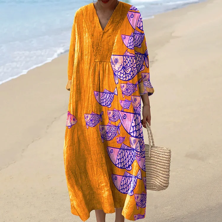 Simpfit Vintage Japanisches Fischkunst-Maxikleid aus Nachahmung aus Nachahmung aus Baumwolle und Leinen