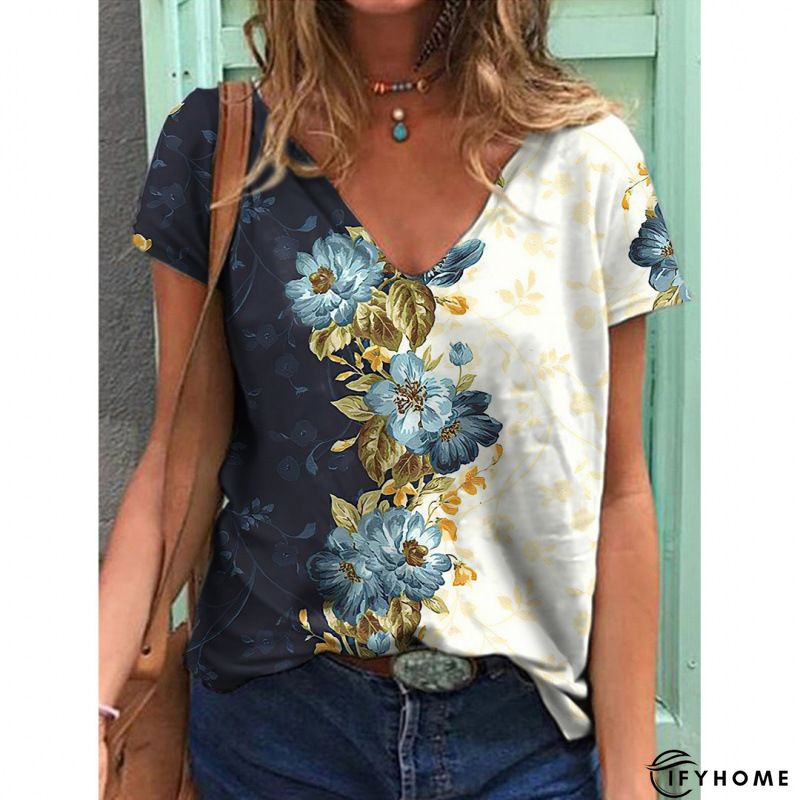 Floral  Short Sleeve Printed  Cotton-blend  V neck  Lady  Summer  Blue Top | IFYHOME