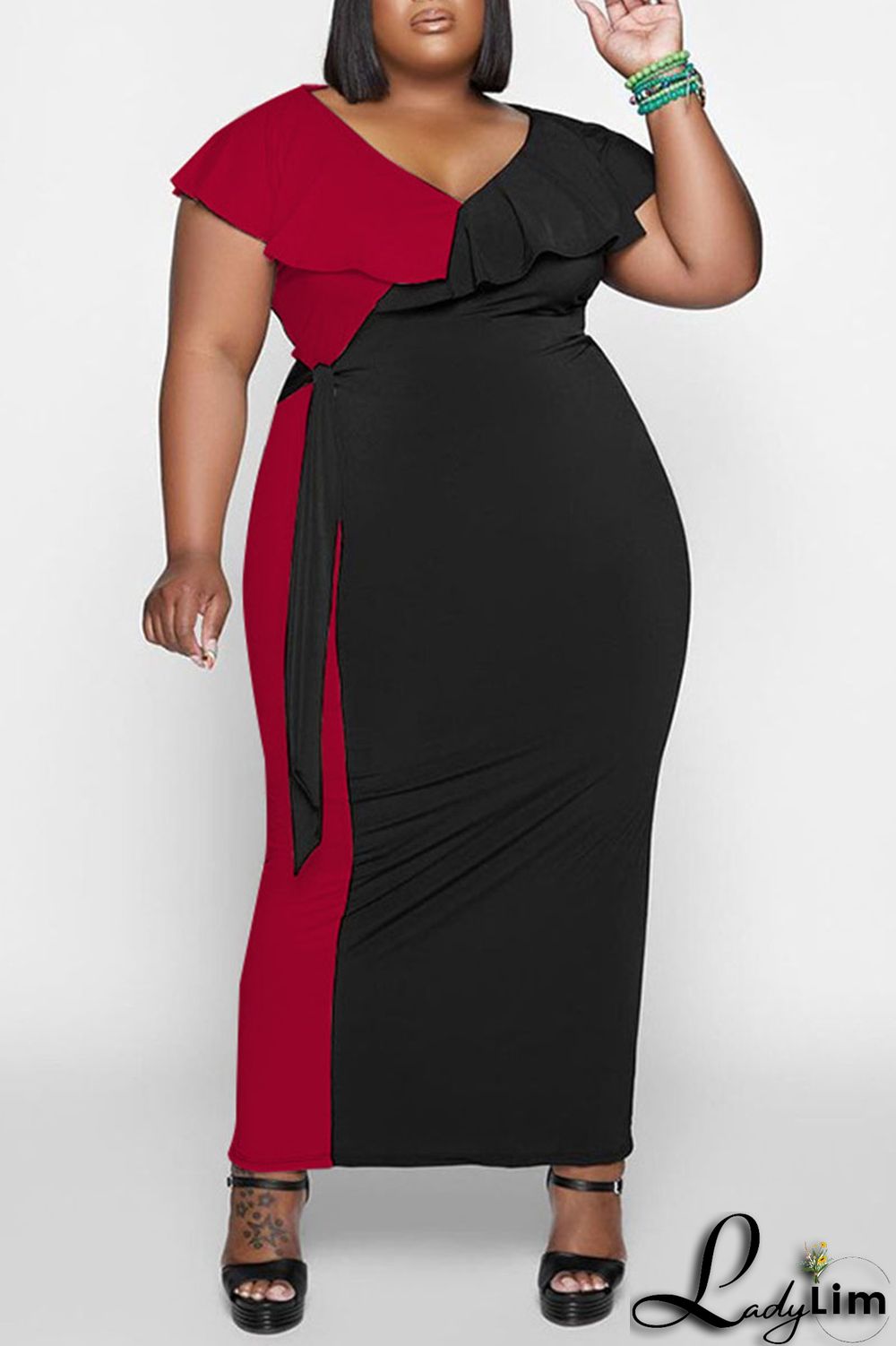 White Casual Solid Split Joint Flounce V Neck Plus Size Dresses