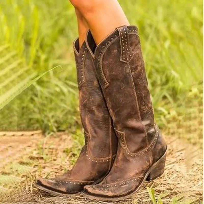 Women Retro Knee High Cowgirl Boots