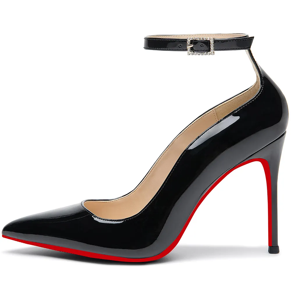 100mm Women's Wedding Party Heels Classic Color Red Bottom Patent Ankle Strap Pumps -vocosishoes
