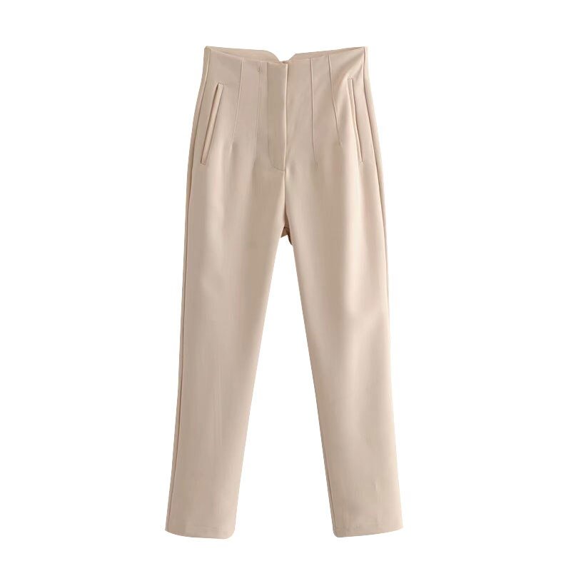 TRAF Women Fashion Side Pockets Seam Detail Office Wear Pants Vintage High Waist Zipper Fly Female Ankle Trousers Mujer