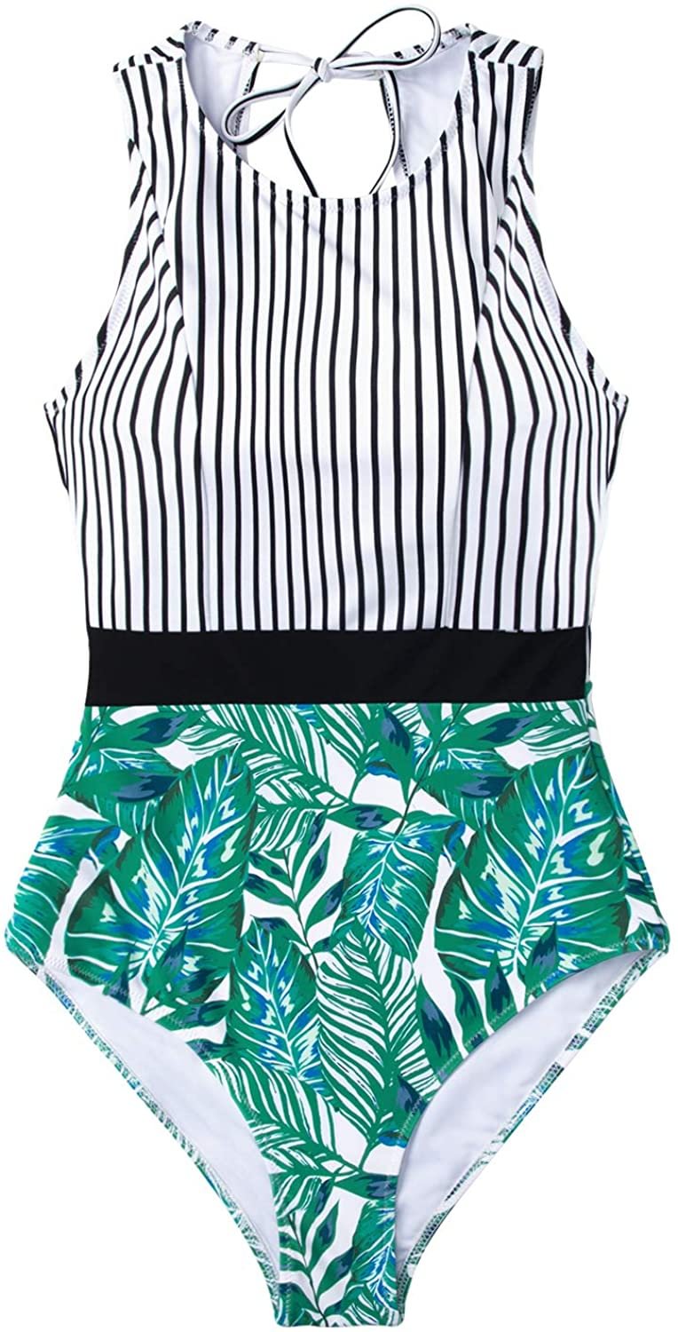 Women's Black Striped Leafy One Piece Swimsuit