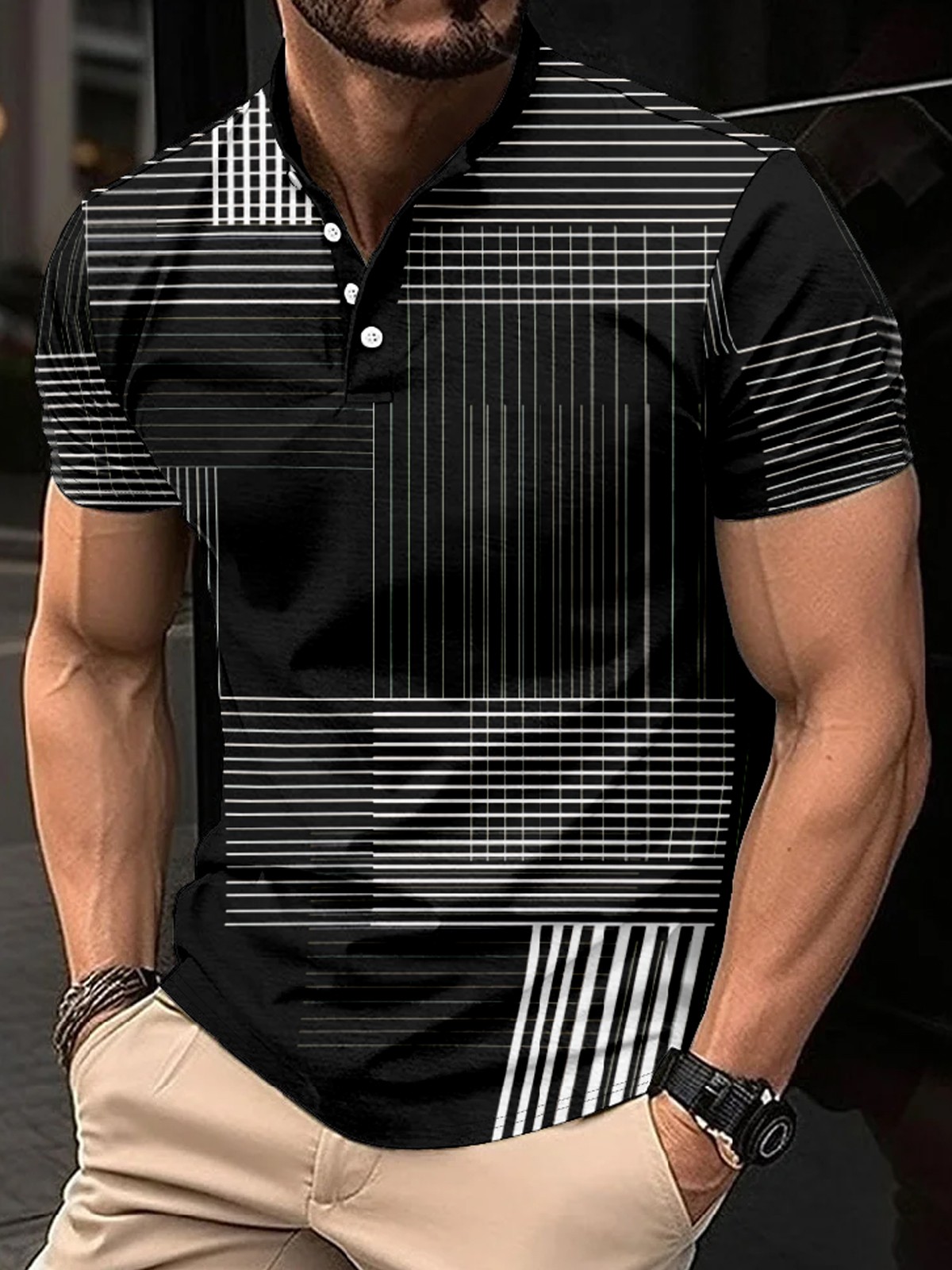 Men's Retro Striped Polka Dot Print Stand Collar Button Short Sleeve T-Shirt PLUSCLOTHESMAN