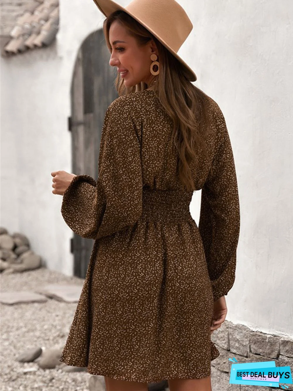 Temperament Commuter V-Neck Long Sleeve Short Dress