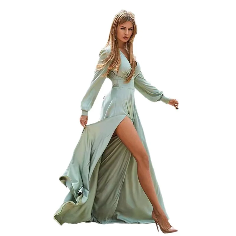 Uveng Uveng New Dress Spring Bohemian Deep V Dress Long Sleeve Open Fork Dress