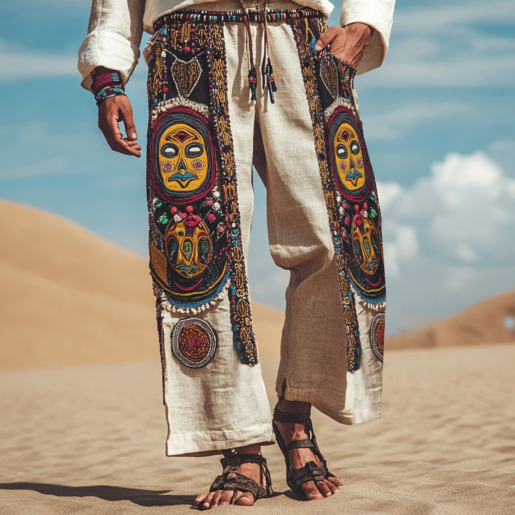 Men's African Mask Ethnic Art Linen Casual Wide Leg Pants