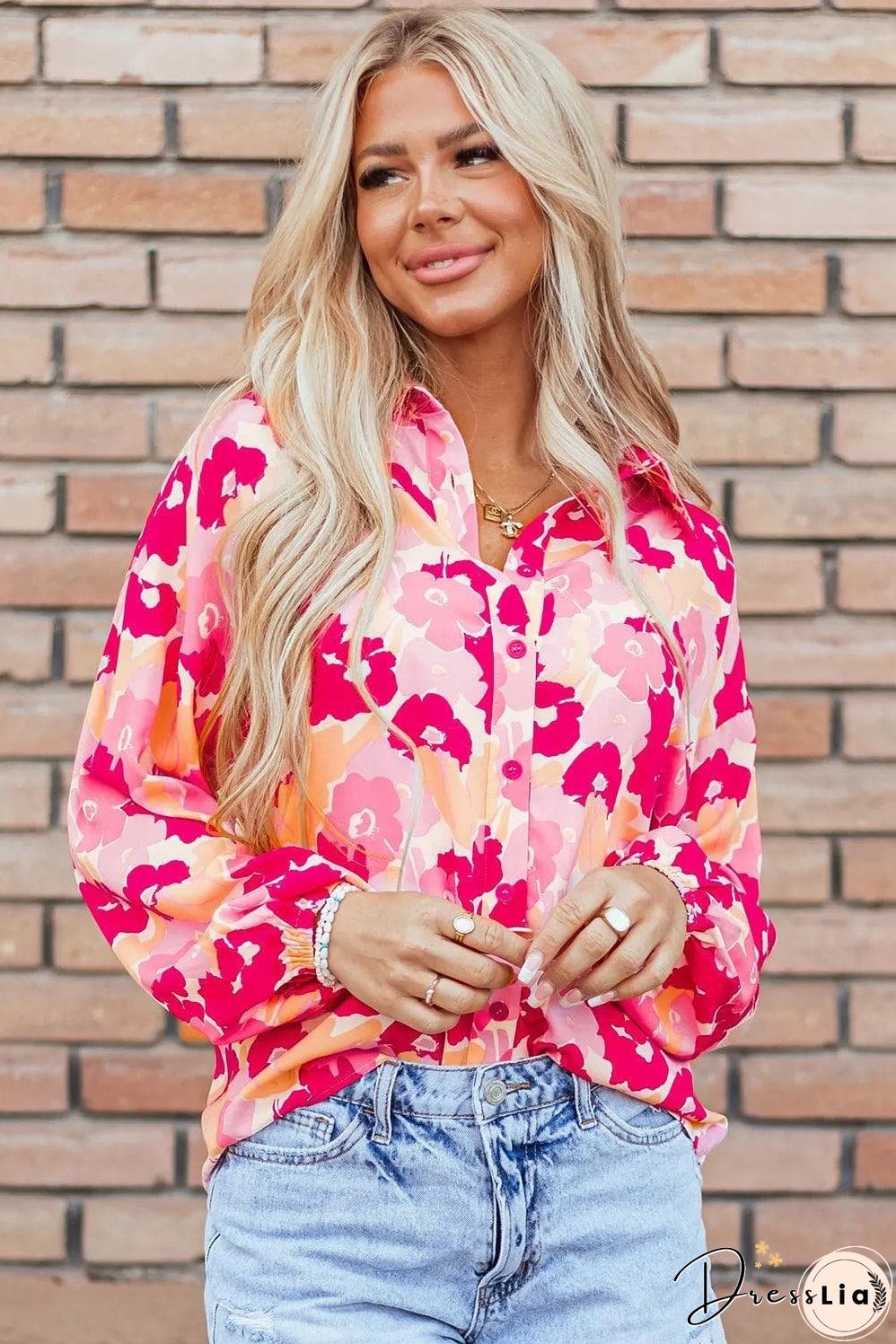 Pink Blooming Floral Print Puff Sleeve Buttoned Shirt