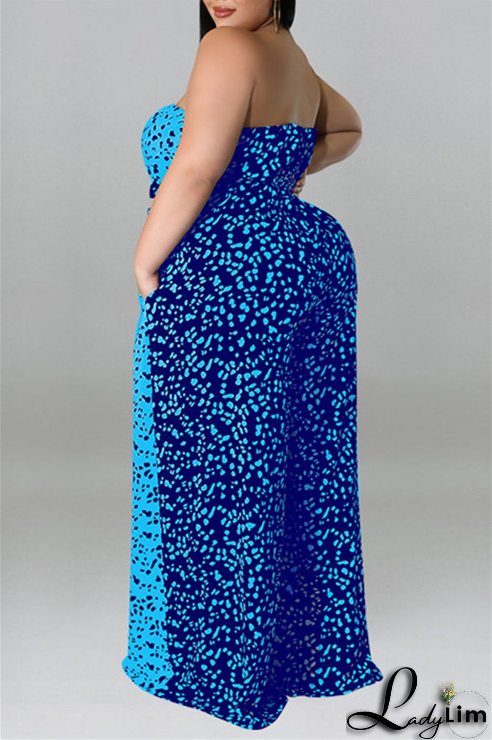 Purple Fashion Casual Print Split Joint Backless With Belt Strapless Plus Size Jumpsuits