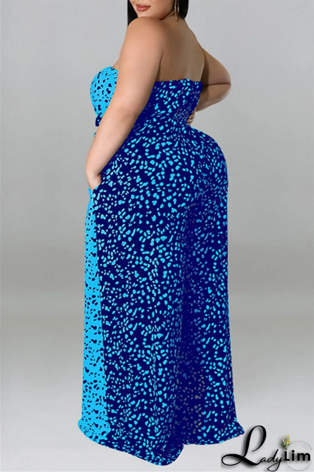Purple Fashion Casual Print Split Joint Backless With Belt Strapless Plus Size Jumpsuits