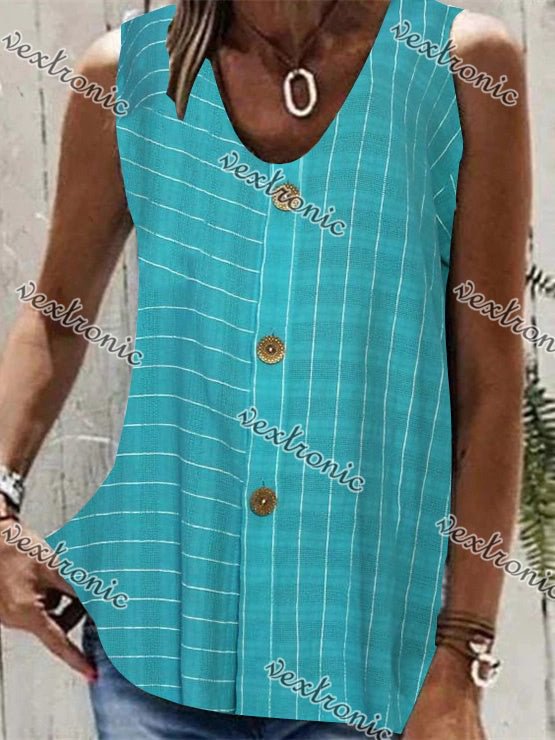 Women Sleeveless V-neck Striped Button Top