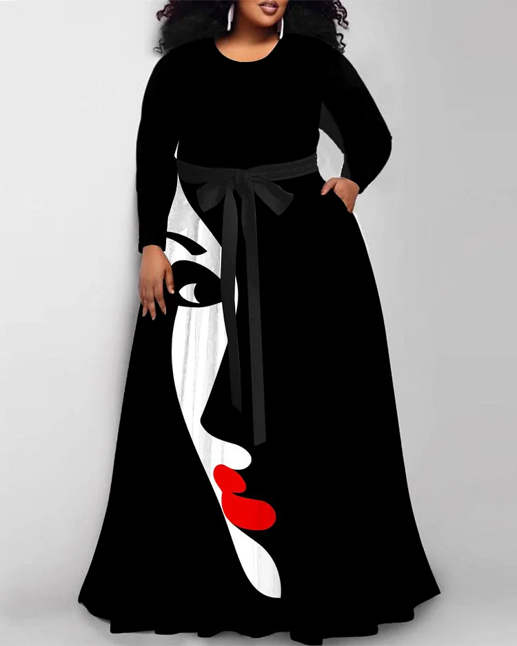 Fashion Black and White Portrait Print Long Sleeve Round Neck Maxi Dress