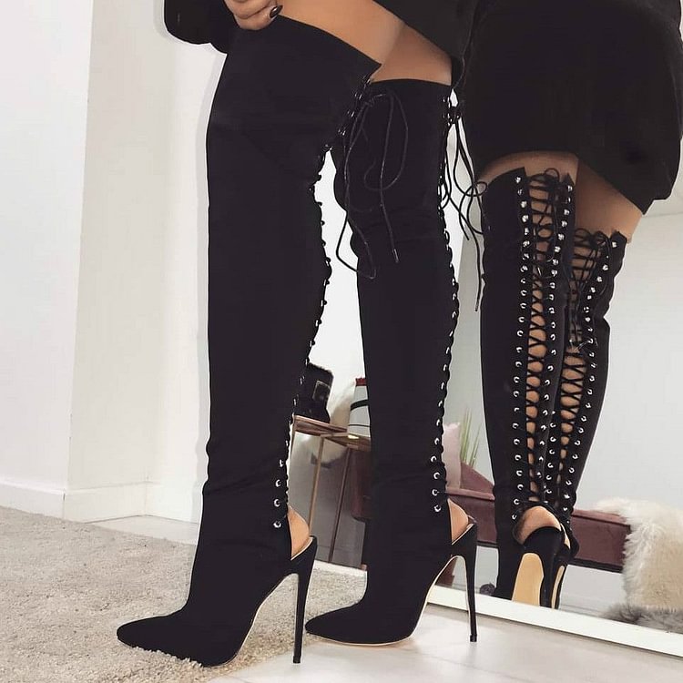 Black Suede Thigh High Lace Up Boots Stiletto Heel Boots |FSJ Shoes
