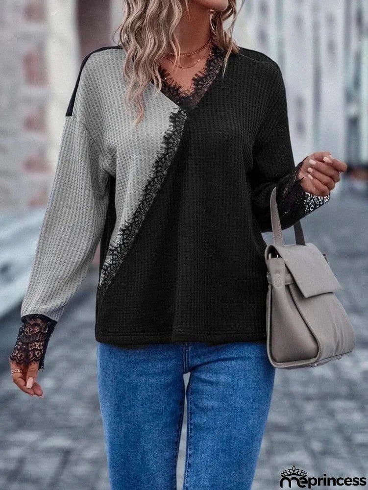 Bohemia Loose Contrast Color Lace-Up V-Neck Sweater Tops