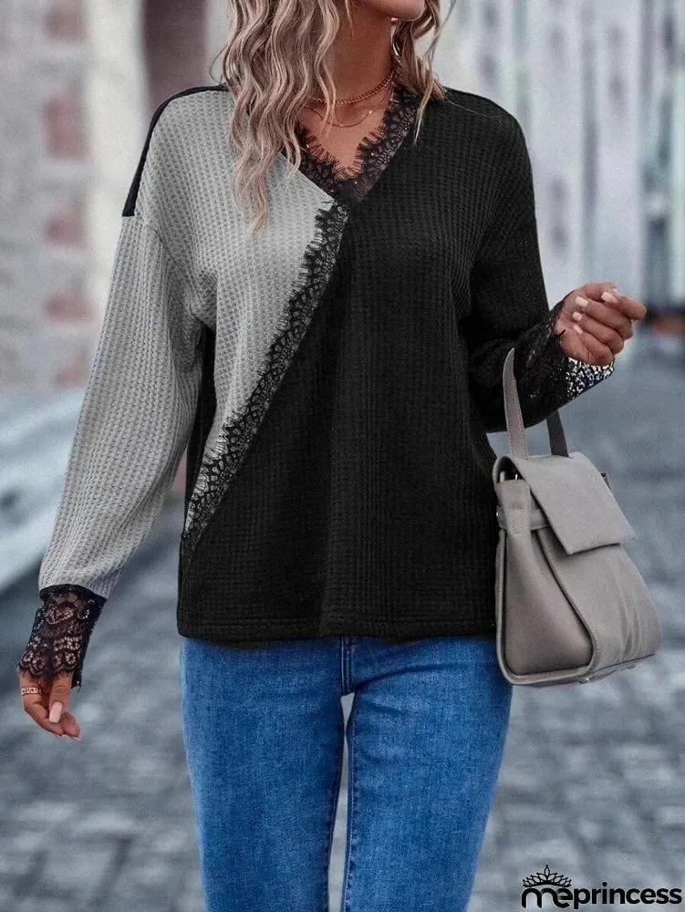 Bohemia Loose Contrast Color Lace-Up V-Neck Sweater Tops
