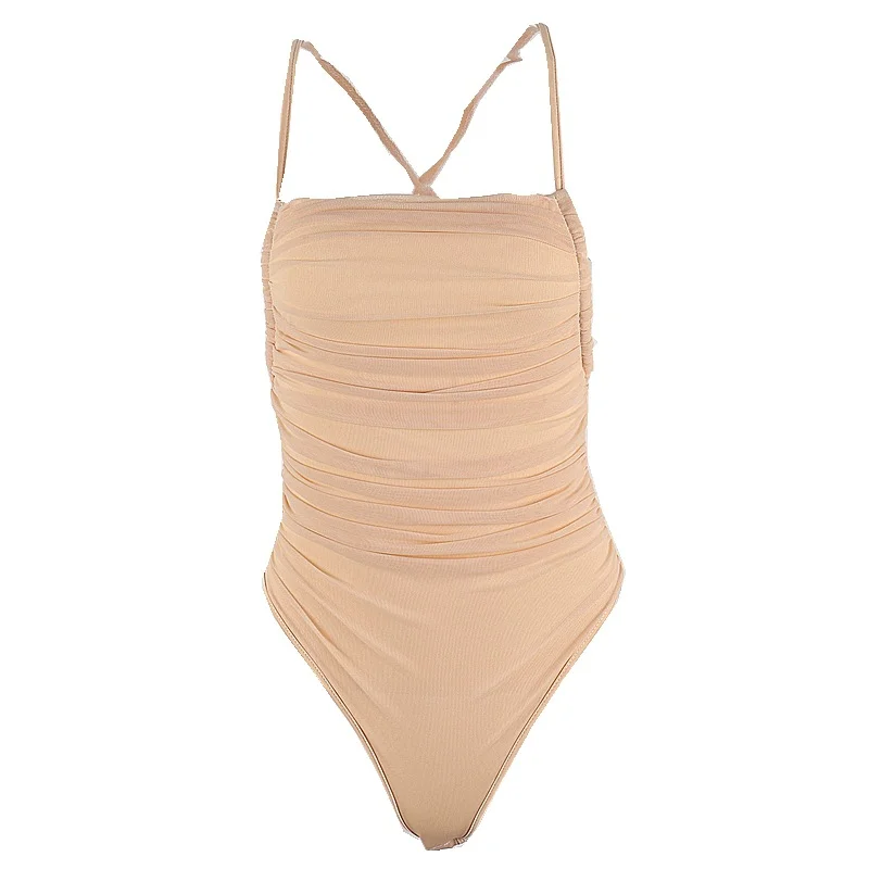 Uveng Uveng Women's Hot Style Sleeveless Pleated Show Back Cross Strap Sexy Bottom One-Piece Vest