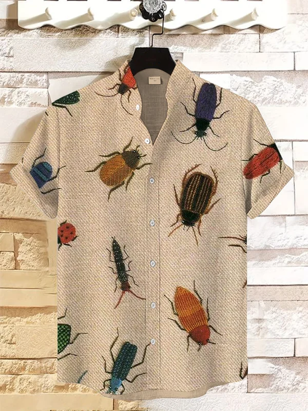 Men's Reptile Insect Beetle Embroidery Print Linen Blend Shirt