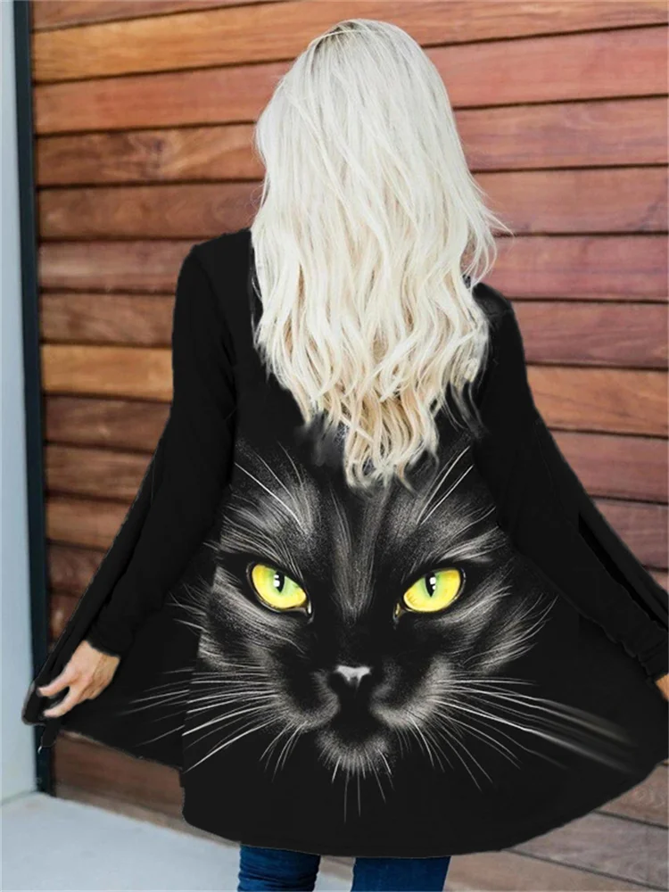 Black Cat Face Print Casual Cardigan