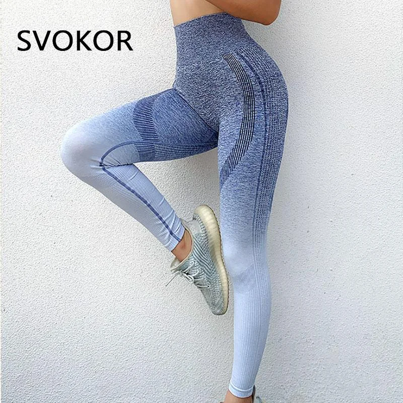 SVOKOR Sexy Fitness Women Leggings Seamless Leggings Striped Gradient Workout Pants Gym Leggins Bubble Butt