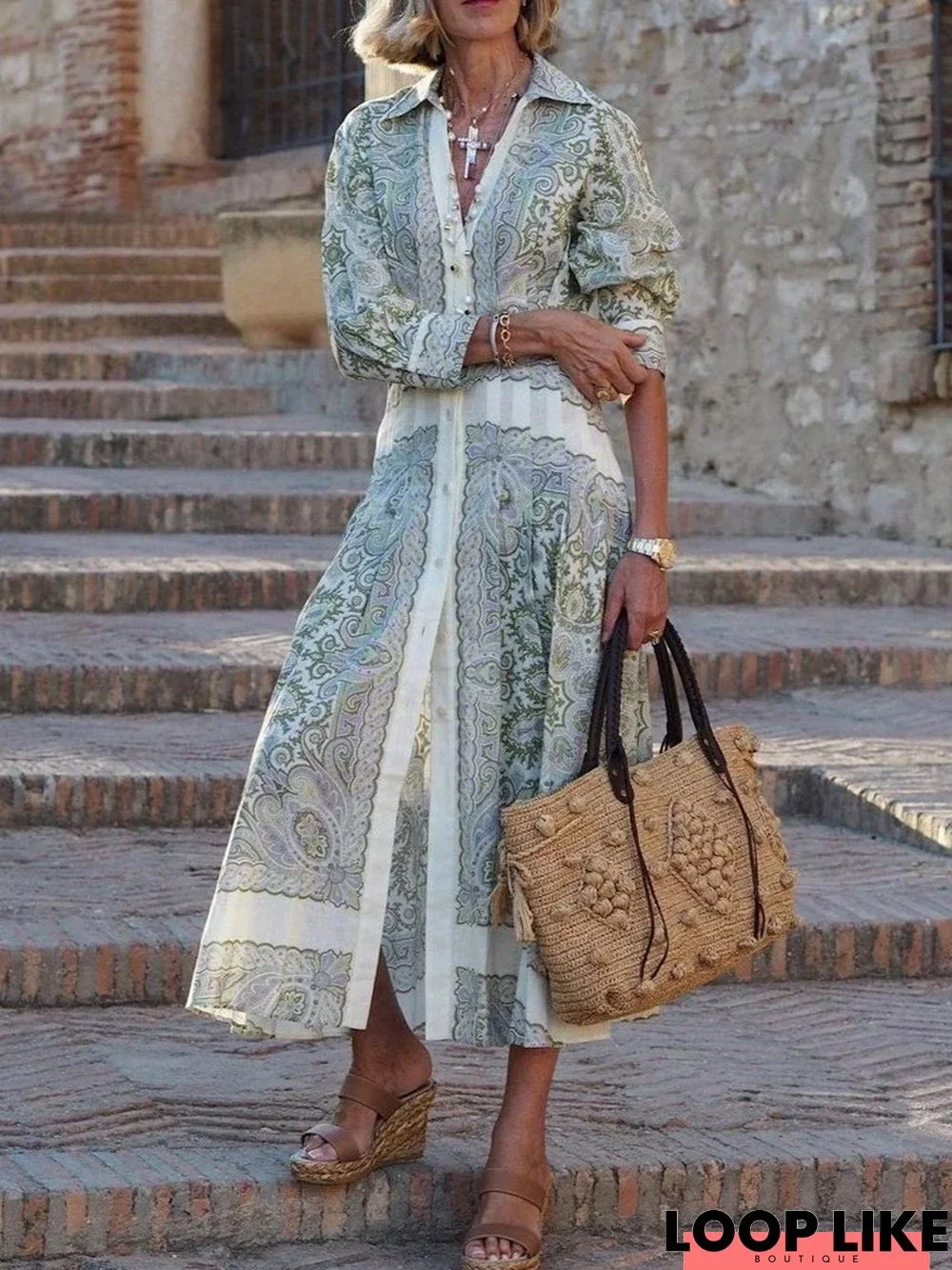 Vacation Paisley Short Sleeve Woven Midi Dress