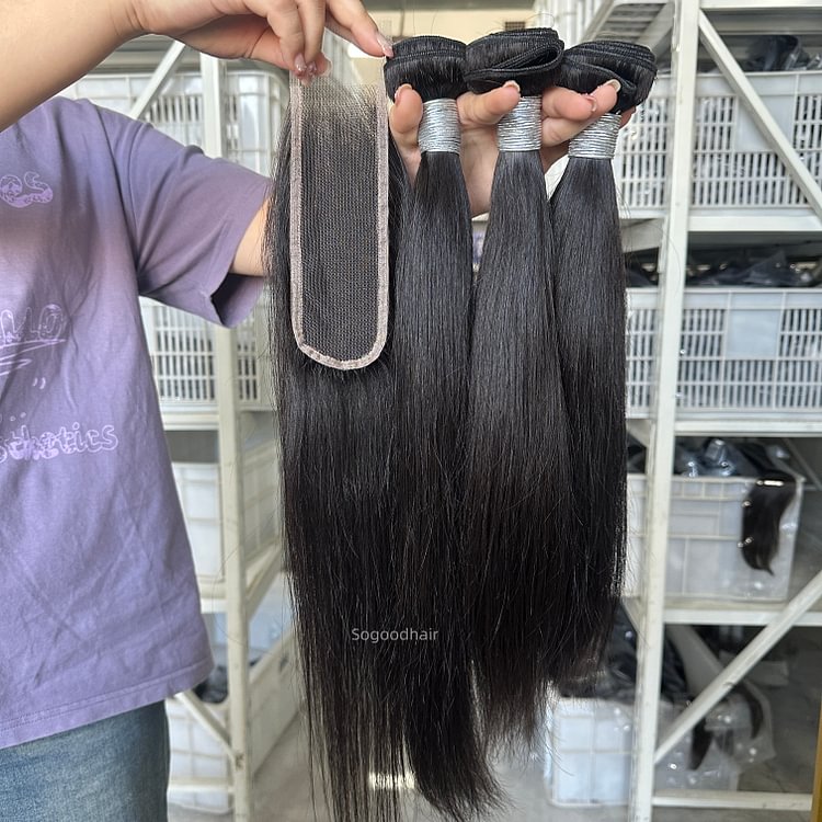 3 Bundles Straight With 2x6 Lace Closure 12A+ Virgin Human Hair