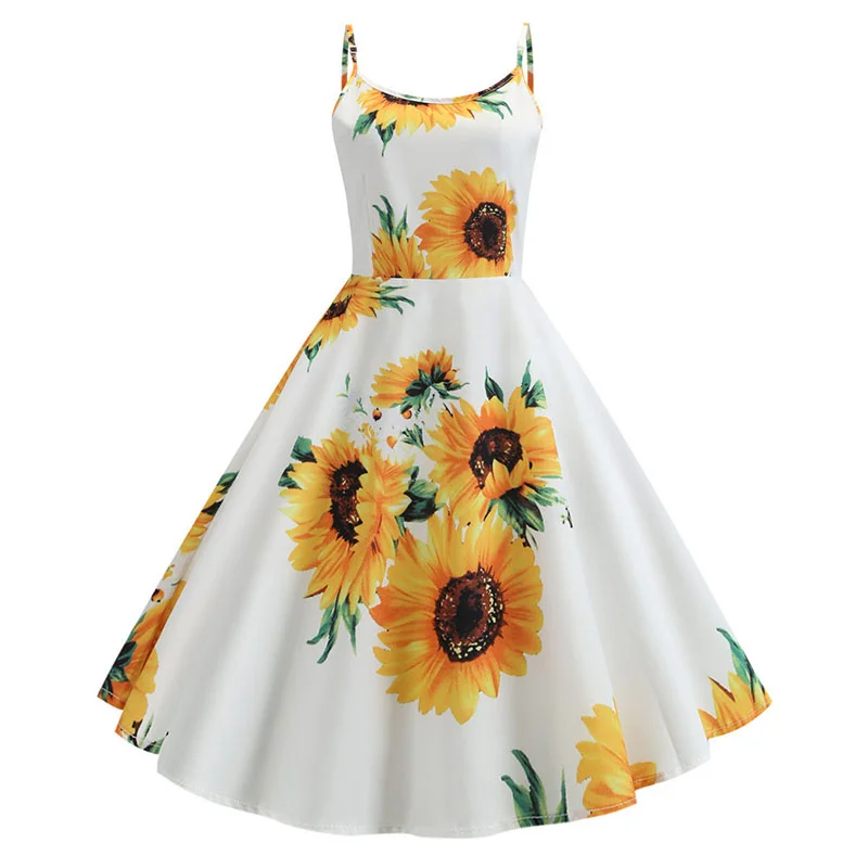 Churchf Sexy Spaghetti Strap Swing Vintage Rockabilly Dresses Floral Summer Beach Dress Women  White Boho Sunflower Midi Dresses-Outfit Ideas