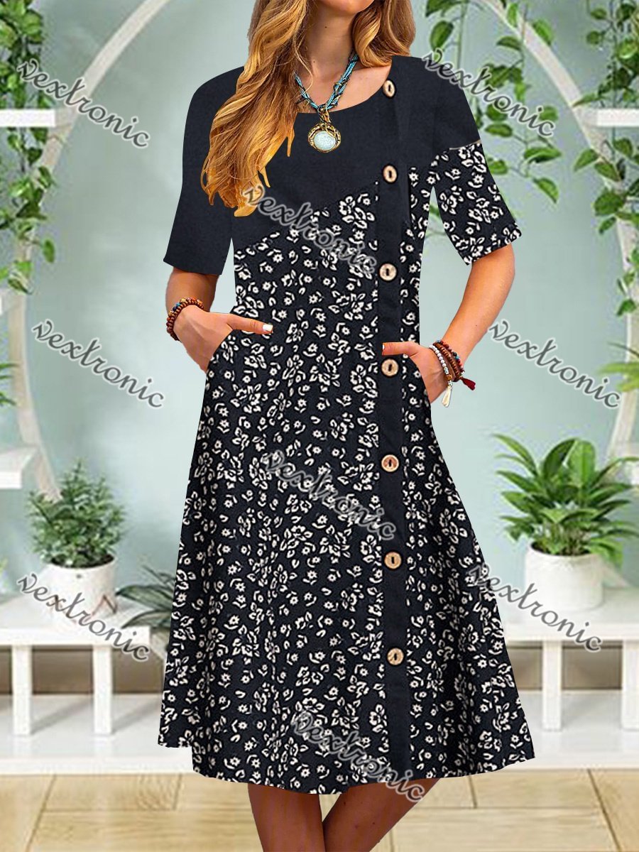Women Black Short Sleeve Scoop Neck Printed Midi Dress