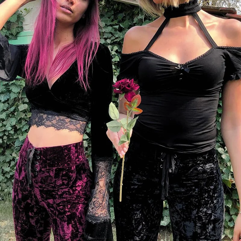 InsGoth Y2K Goth Black Flare Pants Harajuku High Waist Bandage Pants Vintage Aesthetic Velvet Women Trousers Streetwear Pants