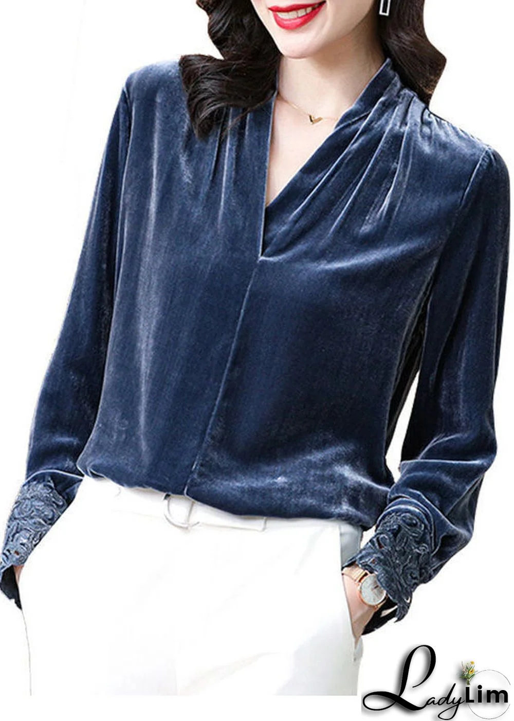 Grey Blue Silk Velour Shirt V Neck Solid Hollow Out Long Sleeve