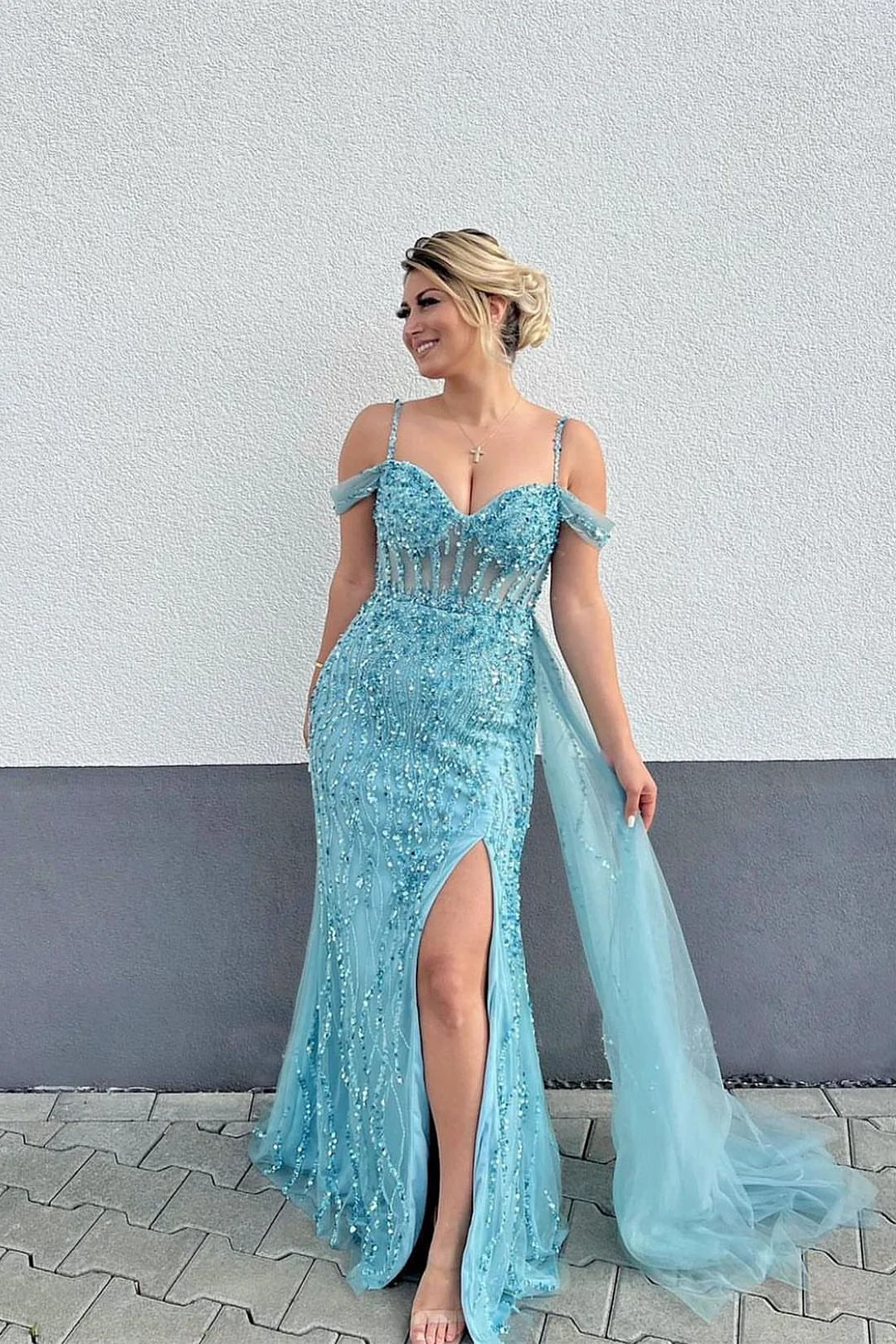 Blue Spaghetti-Straps Ruffles Mermaid Prom Dress Split With Beadings JT0006