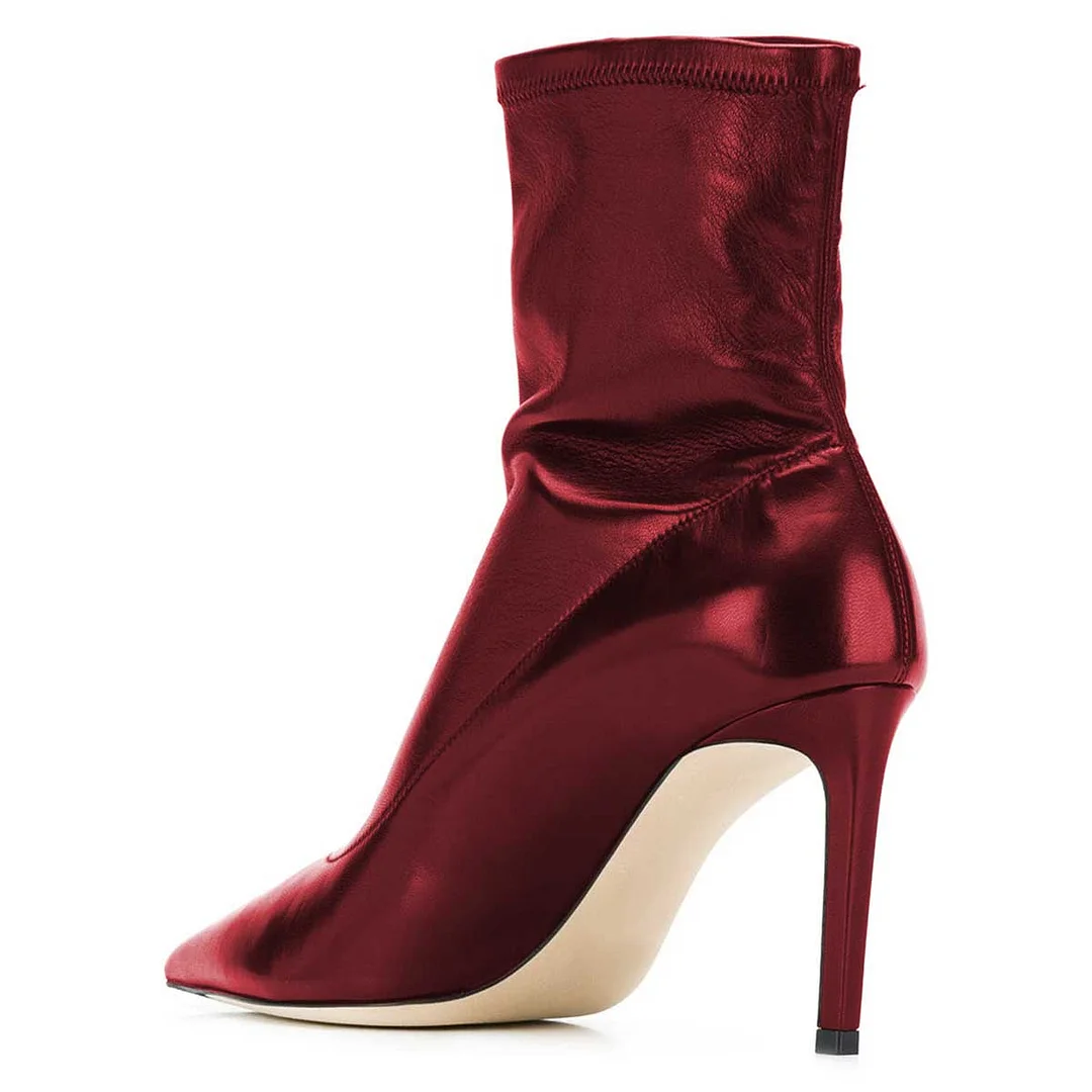 Chic Stiletto Heel Pointed Toe Short Stretch Boots in Maroon