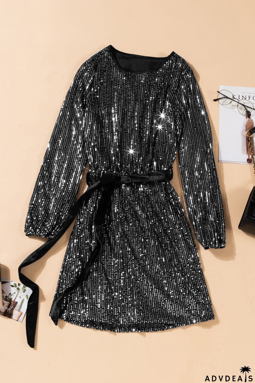 Wine Red Loose Long Sleeve Sequin Dress with Sash