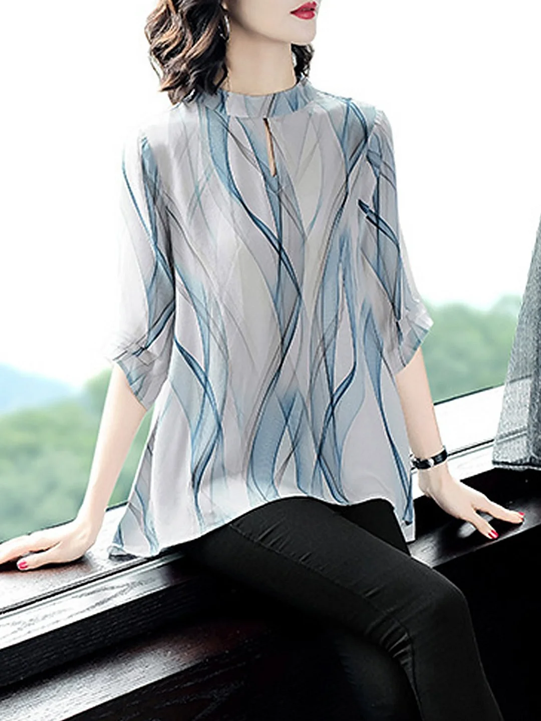 White Ombre/tie-Dye Stand Collar Casual Printed Top