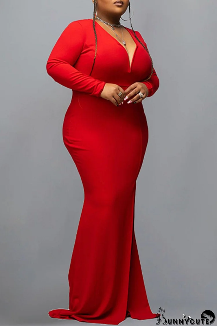 Red Fashion Sexy Plus Size Solid Slit V Neck Long Sleeves Evening Dress