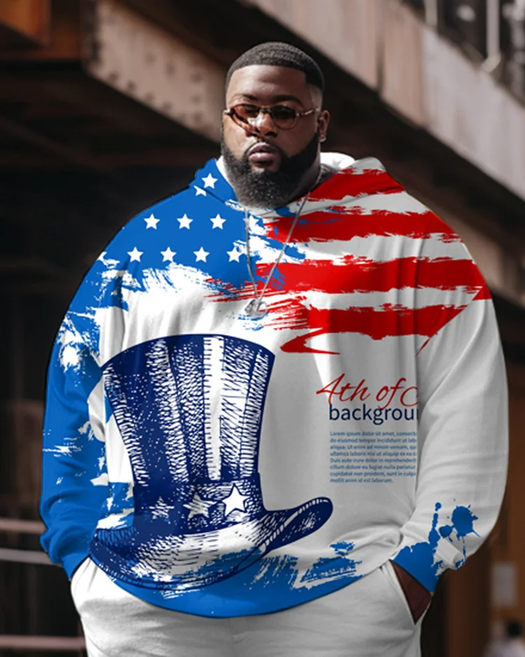 Men's Plus Size Casual Hip Hop Independence Day Gala Hoodie Two-Piece Set