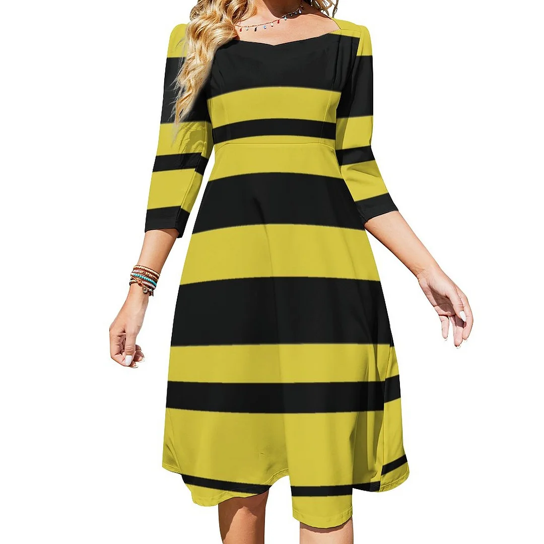 Yellow Black Bumble Bee Color Stripes Dress Sweetheart Tie Back Flared 3/4 Sleeve Midi Dresses