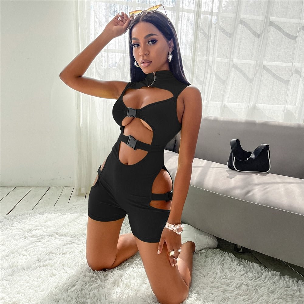 Summer Women Sexy Solid Color Sleeveless Bodycon Rompers Fashion High Neck Hollow Out High Waist Playsuit Nightclub