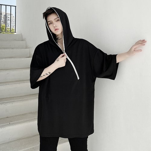 Dawfashion-Dark Personality Diagonal Zipper Design Loose Hooded Short-sleeved T-shirt Niche Top-Yamamoto Diablo Clothing