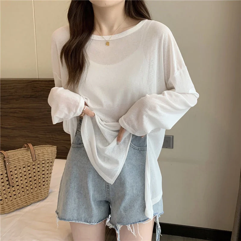 Uveng Uveng Fork Sunscreen Long-Sleeved T-Shirt For Women 2023 New Solid-Color Top Loose Air-Conditioning Hooded Summer Bottoming Shirt