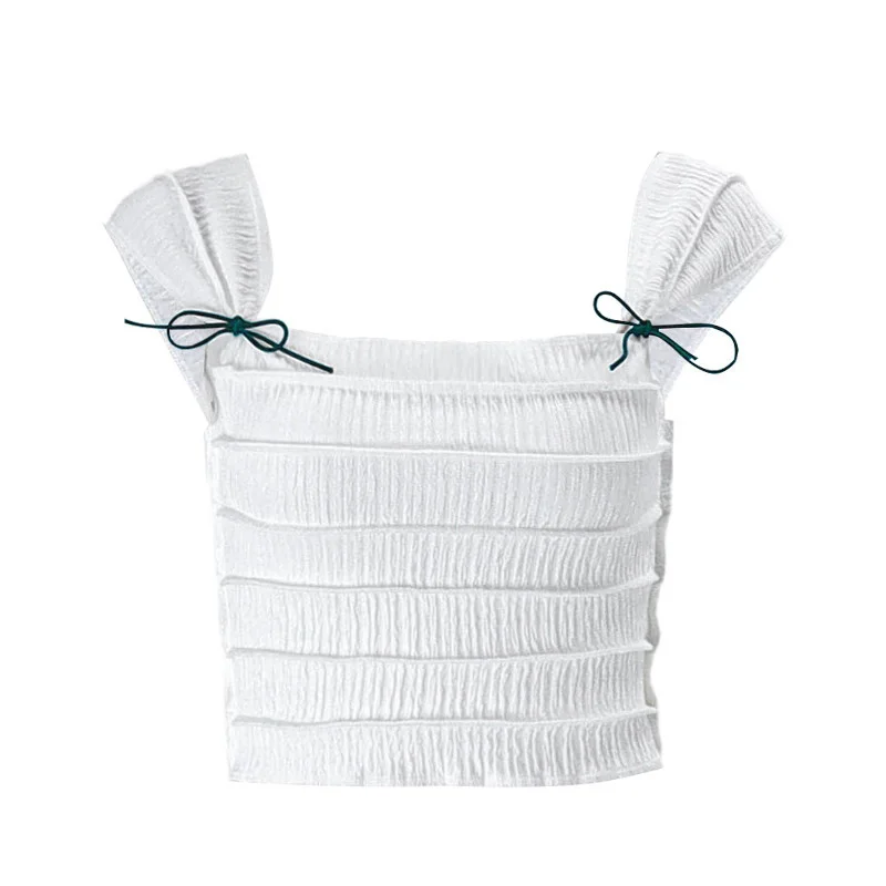 Pongl Pongl Summer Fashion Sexy Crop Square Collar Stripe Pleated Slim Short Sleeveless Vest