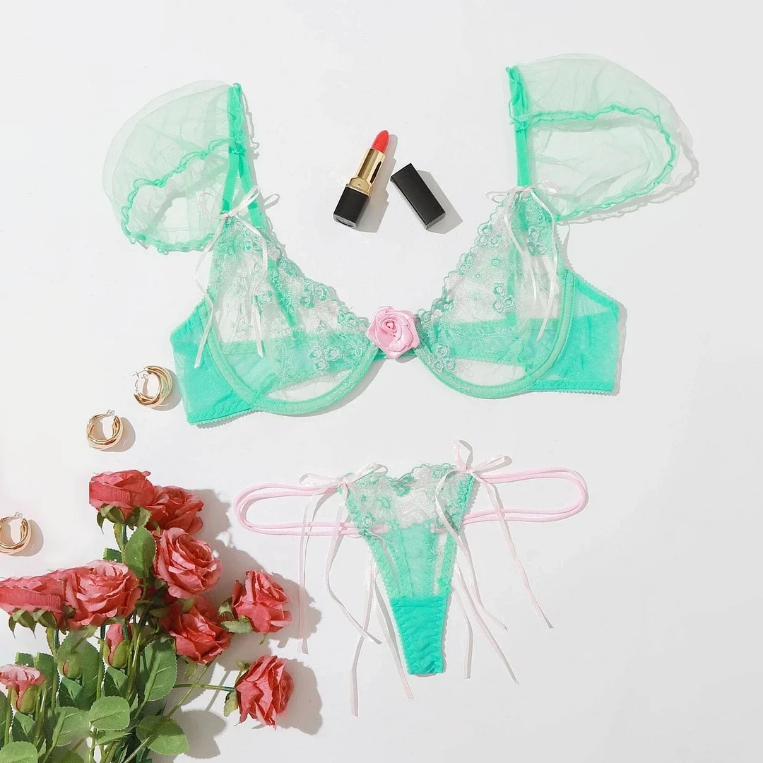 Green Mesh Perspective Lingerie Set Women Sexy Sensual Lingerie Lace Seamless Bras Underwear Set See Through Briefs Set Erotic