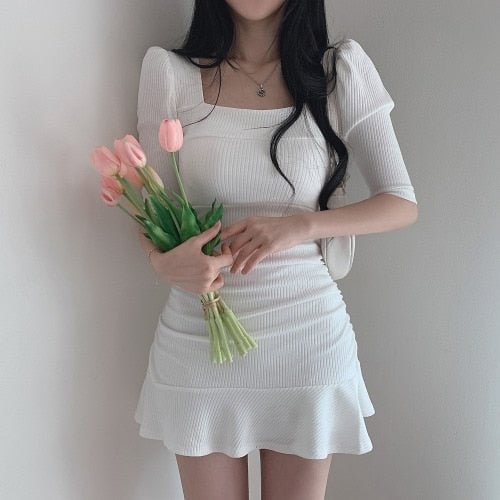 South Korea Chic Sweet Dresses Temperament Square Collar Exposed Clavicle Pits Slim Puff Sleeve Short Dress Female 2022 Summer