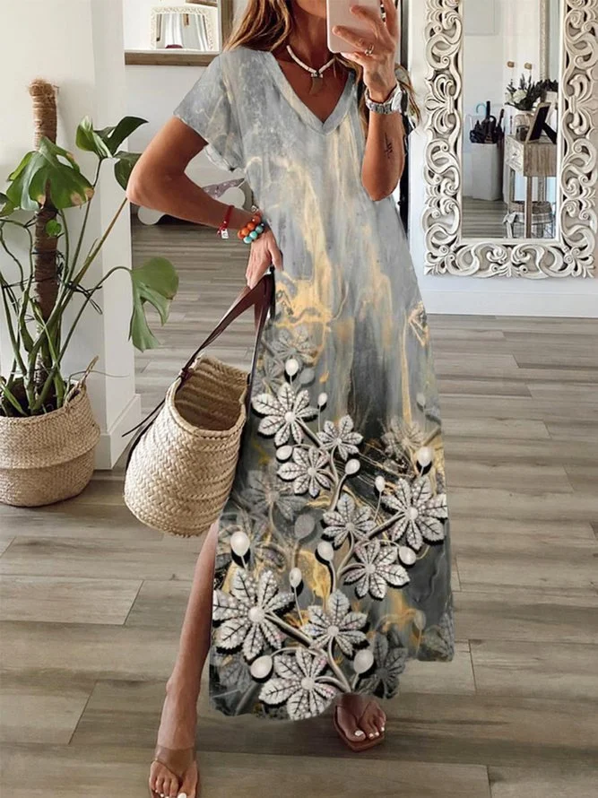 Casual Floral Printed Jersey V Neck Dress